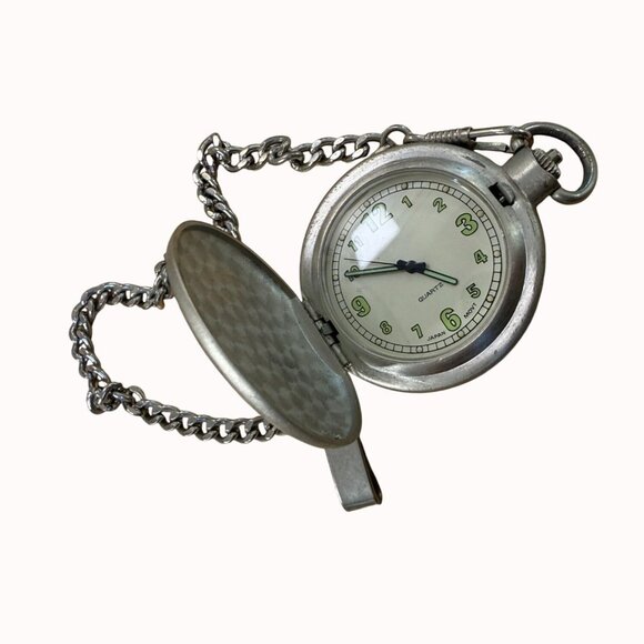 Vintage Silver-Tone Quartz Pocket Watch With Chain & Clip NOT TESTED - Picture 1 of 12